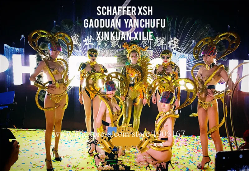 Женский костюм для подиума золотого цвета головной убор танцевальной команды