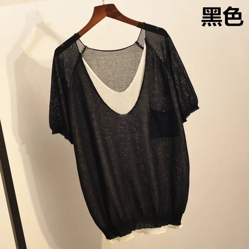 Summer Women T-shirts Casaul Ladies V-neck Batwing Short Sleeve Tops Tees Loose Fake Two Cover Fat Clothing 2018 Hong Kong Style | Женская