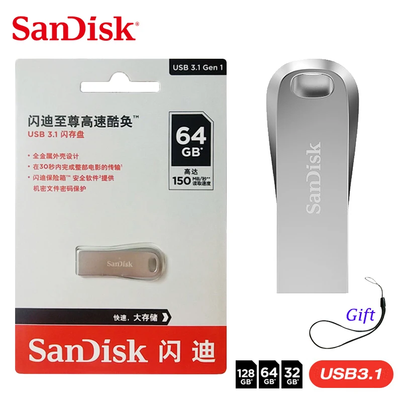 Новинка sandisk ультра люкс usb флеш-накопитель 32 Гб 64 Гб 128 Гб карта памяти USB 3,1 полностью металлическая оболочка USB флеш-накопитель
