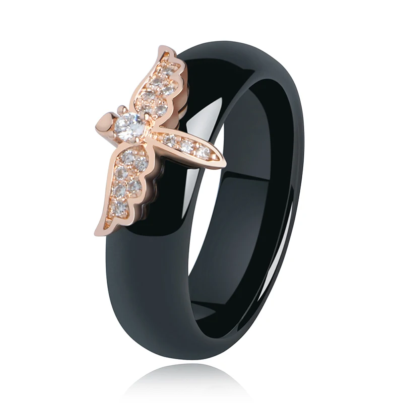 Rose Gold Rings CZ Стразы кольца бабочки для женщин 6 мм здоровые никогда не выцветают цвет керамические кольца розовый синий черный белый цвет модные ювелирные изделия - Цвет основного камня: Rose Gold Rings