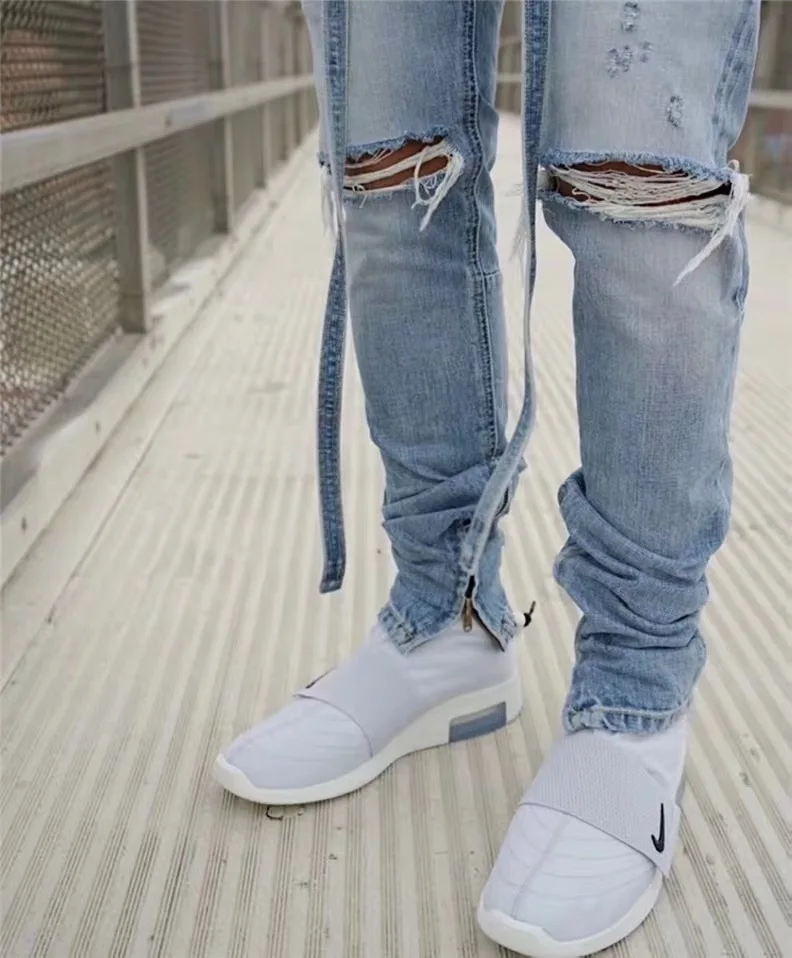 

kanye west men ribbon Jeans Streetwear Justin Bieber Destroyed Ripped Jeans Homme Hip Hop Broken modis male Pants