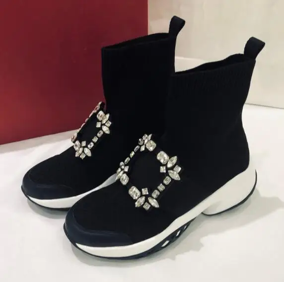 

BONJEAN Autumn Newest Sock Boots for Woman Round Toe Crystal Buckle Flat Shoes Stretch Fabric Ankle Boots White Black Pink