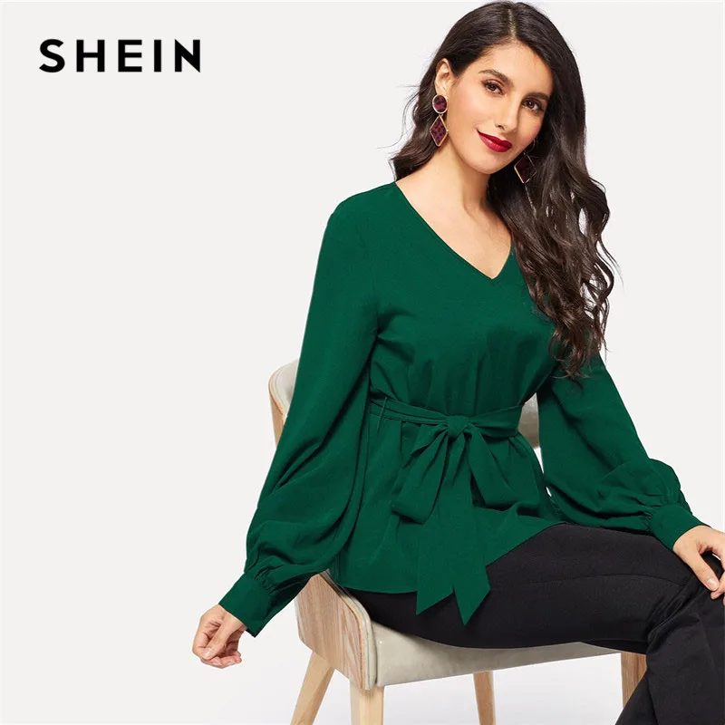 SHEIN Блузка С Поясом, Оригинальным Рукавом И Узором Женская Весенняя Классическая Блузка С V-Образным Вырезом И Длинными Рукавами