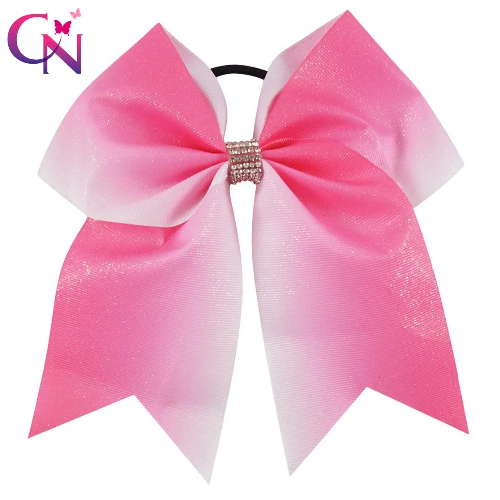 

CN 7" Pink Patchwork Bling Ribbon Cheer Bow With rhinestone Center For Girl Kids Large Elastic Hairband Hair Accessories