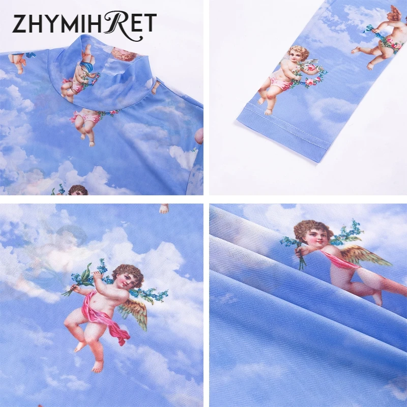 Женская футболка с длинным рукавом ZHYMIHRET осенняя Сетчатая принтом Cupid|Футболки| |
