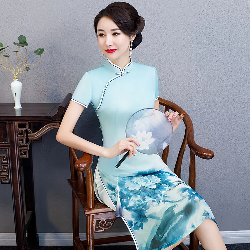 Женские летние короткие Cheongsam моды китайский стиль полиэстер платье по колено Qipao Тонкий платья для вечеринок Леди Vestido S-3XL