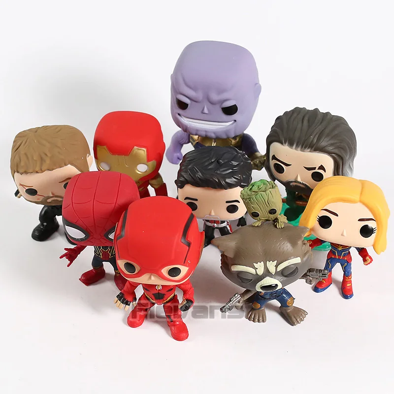 

Aquaman Thanos Flash Thor Ant-Man Rocket Spiderman Iron Man Carol Danvers PVC Figures Toys Dolls 9pcs/set