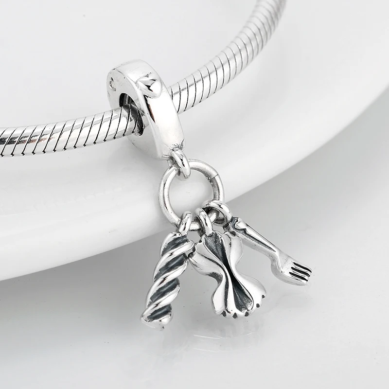 Real 925 Sterling Silver Cooking Spaghetti fine Pendants Beads Fit Original Pandora Charm Bracelet Bangles Jewelry making
