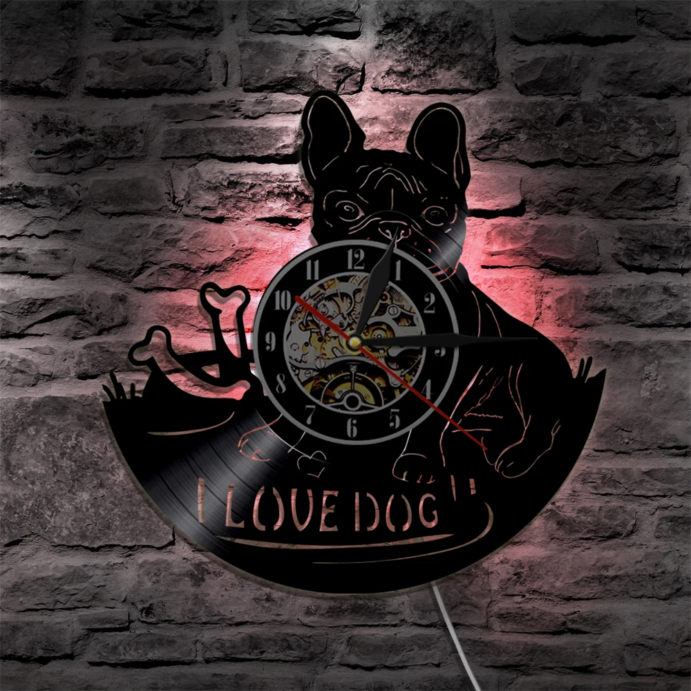 1 шт I Love Dog Французский бульдог дом животное виниловая запись настенные часы домашнее животное щенок животные настенные часы художественные часы подарок для украшения дома
