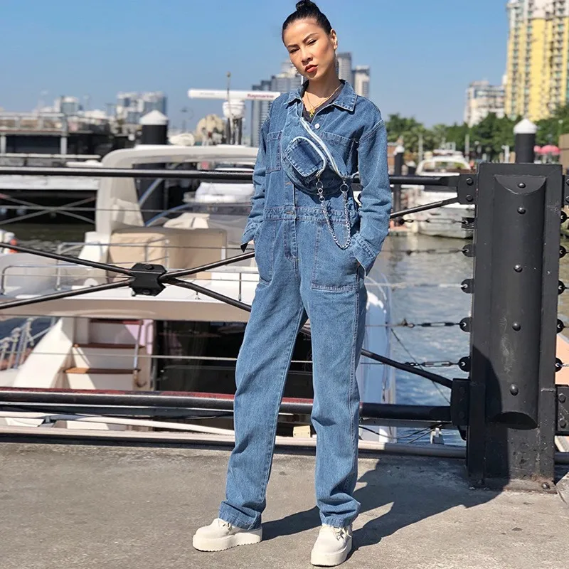 blue Harajuku стиль бойфренда для женщин карго джинсовый комбинезон High Street Повседневная Весенняя Новинка поясная сумка длинные джинсы комбинезоны - Цвет: blue