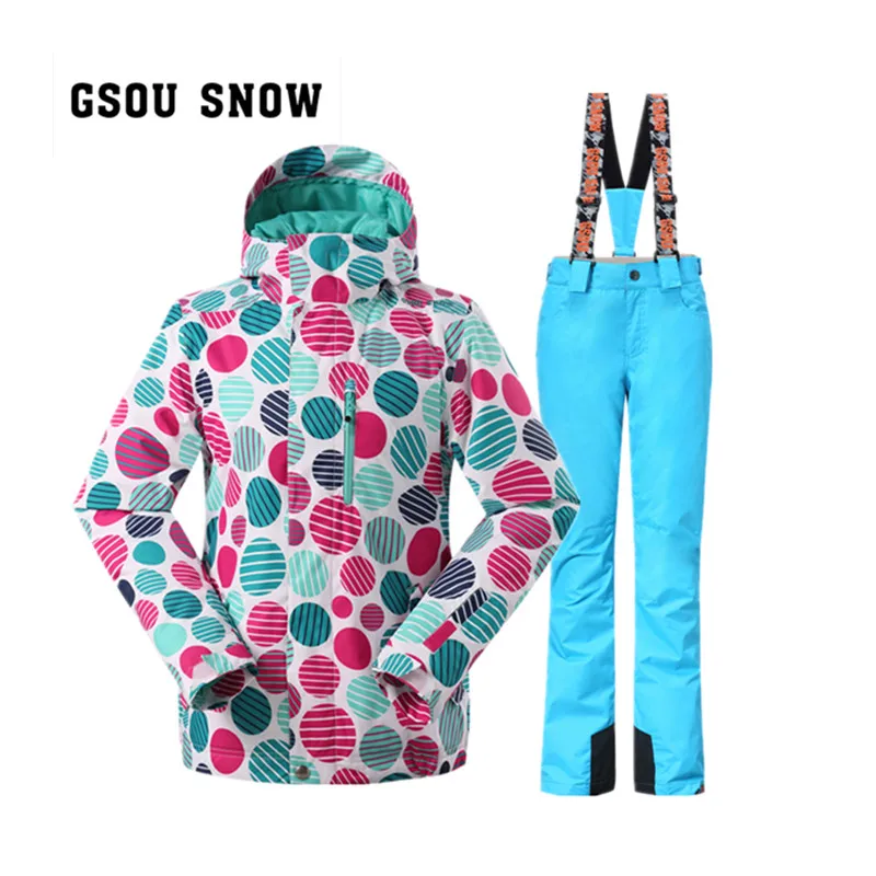 with blue pant GSOU SNOW зимние горнолыжные костюмы женские, недорогая женская горнолыжная куртка, красивая женская сноубордическая куртка, Женская горнолыжная одежда, женские горнолыжные костюмы - Цвет: with blue pant