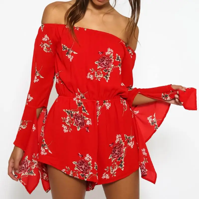 New Women Fashion Sexy Printed Backless Short Overalls Romper Jumpsuit Off Shoulder Long Sleeve Beach Loose Summer Playsuit | Женская