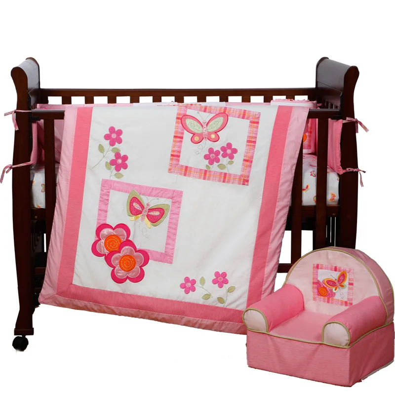 

7PCS Embroidery pink Baby Cot Bedding Sets cama infantil Children Crib Bedding Set ,include(bumper+duvet+sheet+pillow)