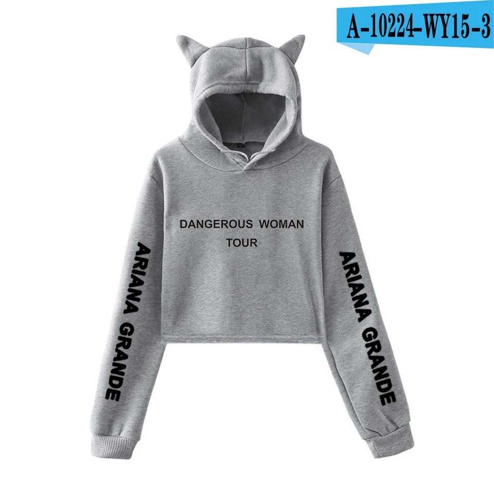 Grey Ariana Grande Dangerous женские укороченные топы для девушек Kawaii с капюшоном женские Харадзюку хип-хоп толстовки с принтом размера плюс - Цвет: Grey