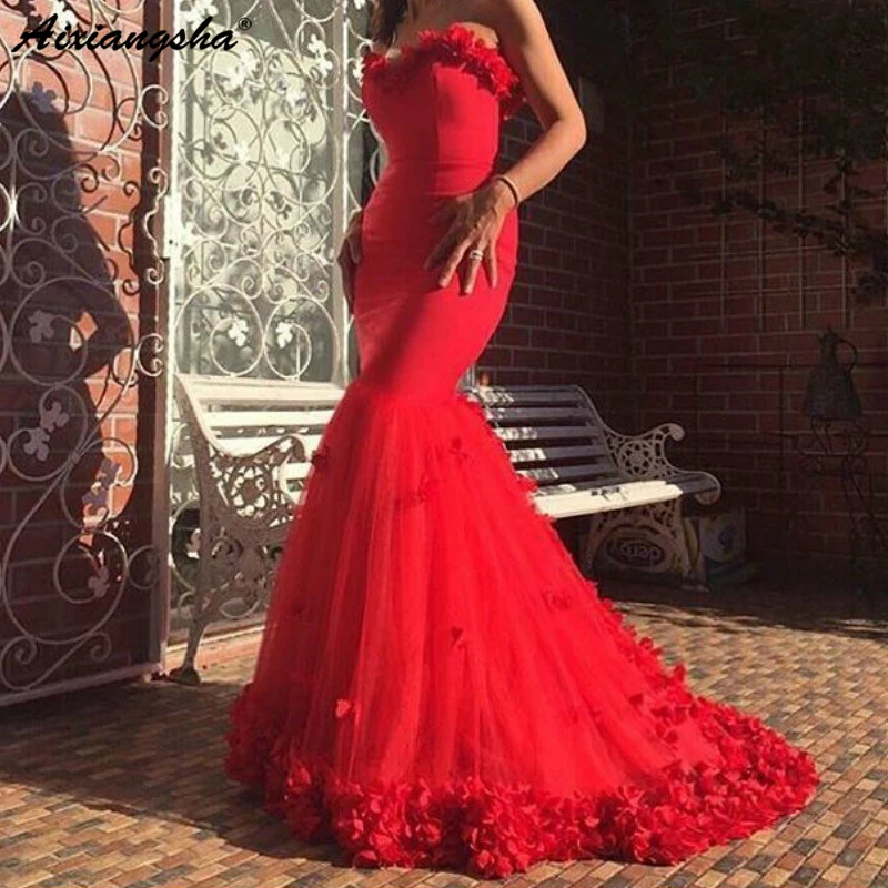 

Red Special occasions Evening Dresses Long Saudi Arabia Elegant sweetheat Long Mermaid with Flowers Formal Gown