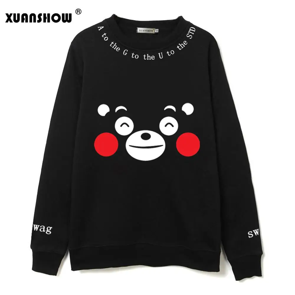 Black XUANSHOW Женская толстовка Kawaii Кумамото медведь печатных черный цвет милый мультфильм флис Kpop команды вентиляторы костюмы толстовки - Цвет: Black