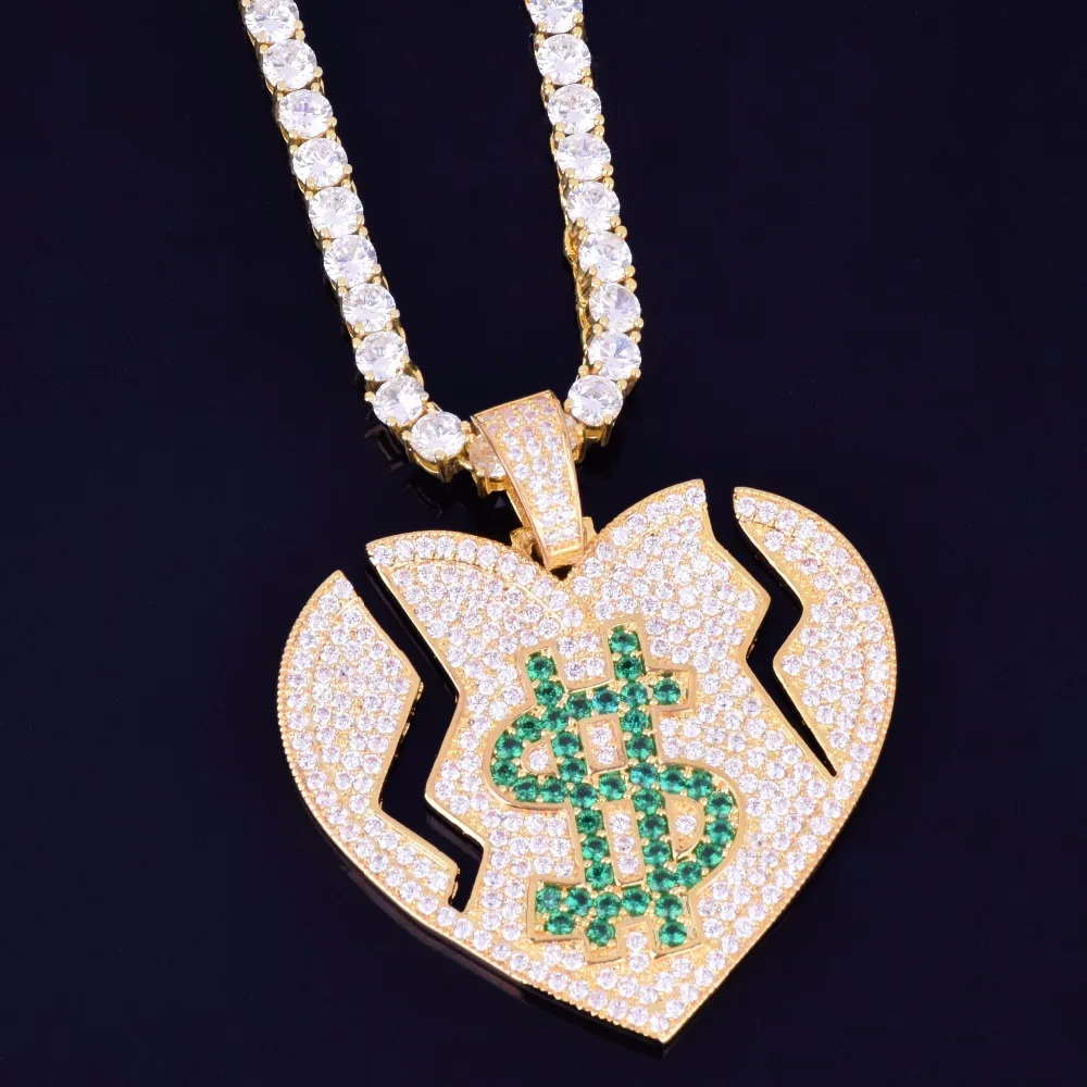 Iced Out Broken Heart Dollar Symbol Love Pendant Necklace With Tennis Chain AAA Cubic Zircon Men's Women Hip hop Rock Jewelry