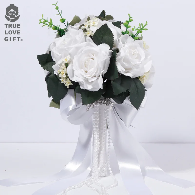 

Bridal Bouquet European Rose Fake Flowers White Bride Lace Accents Wedding Bouquets With Ribbon Pearl Wedding Accessories