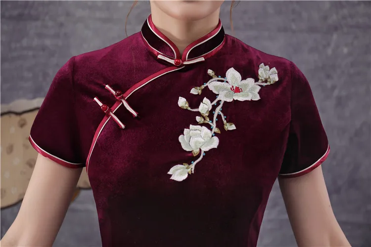Китайский женский Qipao по колено Cheongsam Для женщин традиционный бархат вечернее