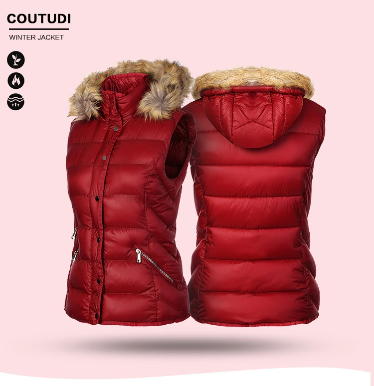 COUTUDI меховой воротник, жилет, пальто, роскошная теплая Женская Тонкая зимняя безрукавка, однотонный черный, большие размеры, модный пуховик с капюшоном