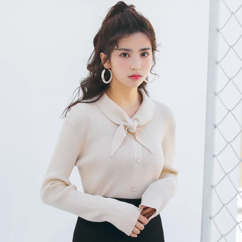 

2020 Autumn New Women Knitted Sweater Korean Cute Lace-up Long Sleeve Slim Pullover Jumper Female Basic Sweaters