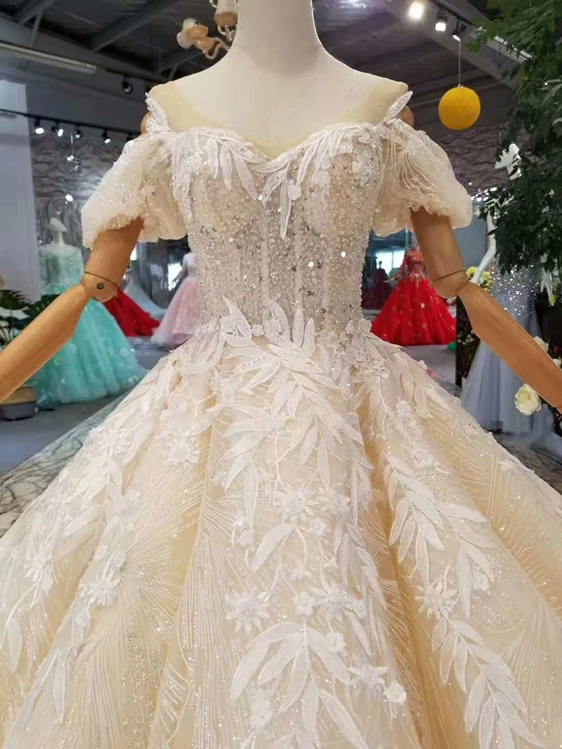 LSS290 light champagne wedding gowns with long train off the shoulder sweetheart dresses ball gown from real factory | Свадьбы и