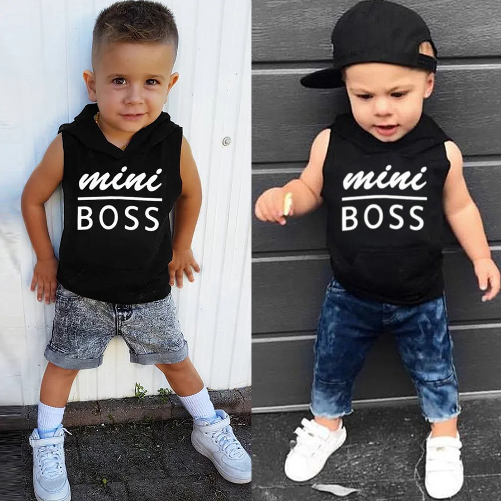 

2019 Toddler Baby Boys&Girls Sleeveless Letter Print Vest Hooded Tops Clothes