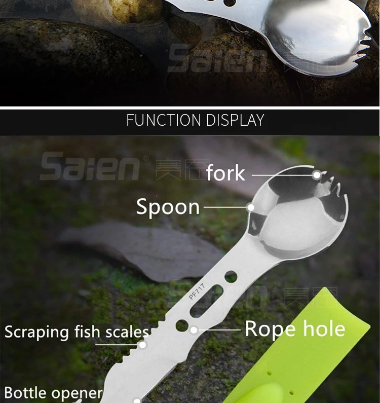 Многофункциональный Spork 8 в 1 Кемпинг столовые приборы, ложка, вилка, нож комбо с открывалкой для бутылок скалер рыба копье Мультитул для кемпинга