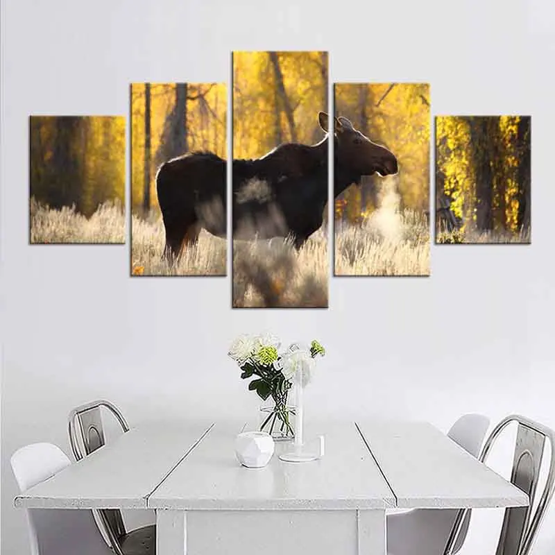 

5 Pcs/Set Sunshine Elk Canvas Print Painting Modern Brown Animal Wall Art Golden Forest Landscape Picture for Living Room Decor