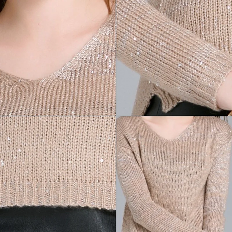 Charming Lady Women Pullover Acrylic Sequined Knitted Elegant Sweater O-Neck Long Sleeve Asymmetric Hem Pullovers Jumper M463Z | Женская