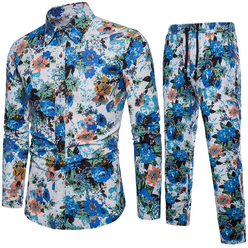 Мужской комплект с цветочным принтом рубашка + штаны повседневный костюм из