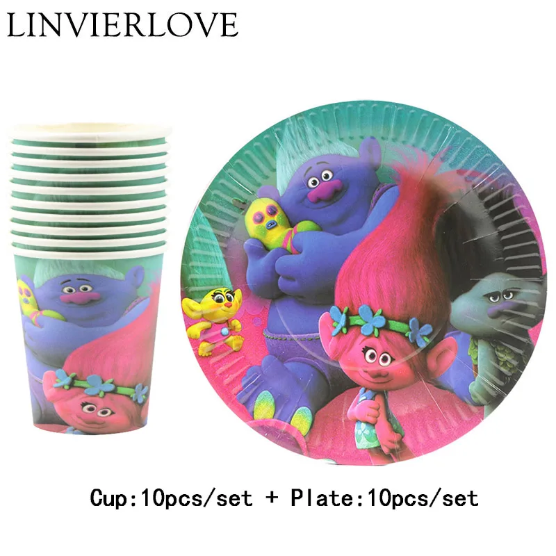 Plate and Cup 20pcs 20 шт./компл. и героями мультфильма «тролли» Бумага чашки+ пластин для детей для вечеринок, дней рождения одноразовая посуда наборы для мальчиков и товары для оформления девичника - Цвет: Plate and Cup 20pcs