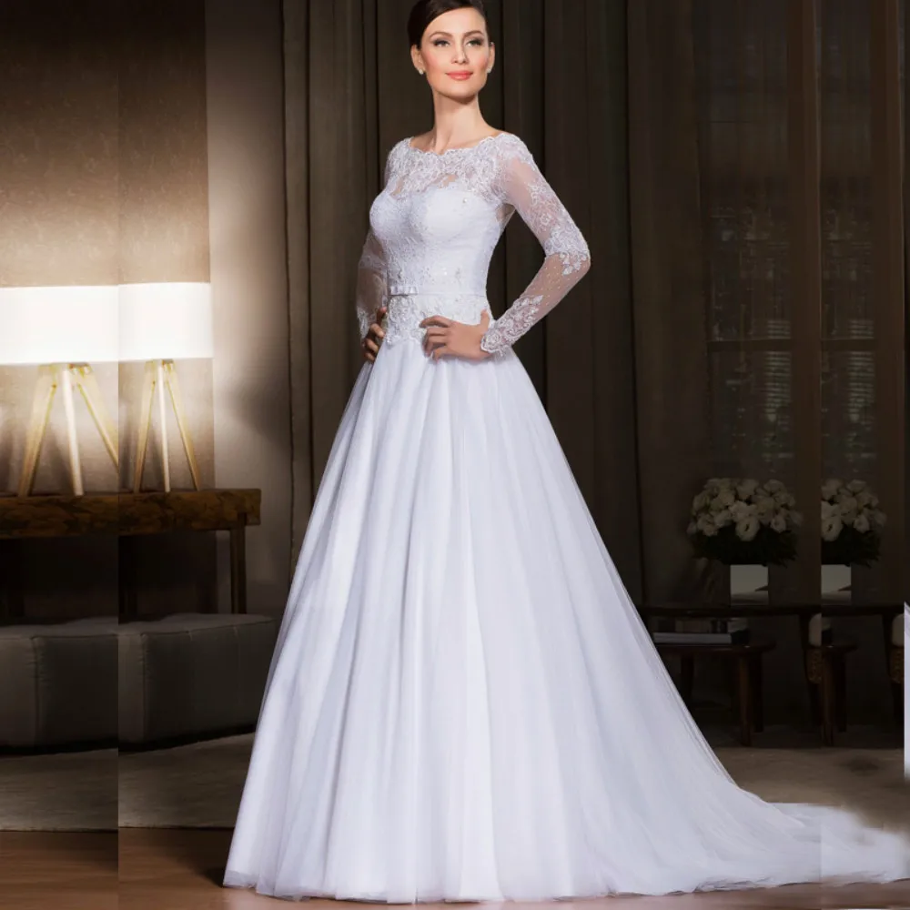 Vestido de noiva 2016 A line Bateau Appliques Long Sleeve Wedding Gown White Lace Dresses With Buttons | Свадьбы и торжества