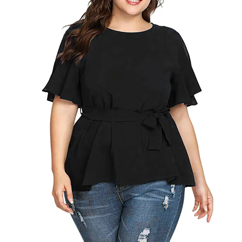 Женская шифоновая блузка с поясом однотонная коротким рукавом размера плюс 5XL roupa