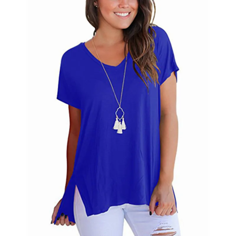 2019 Summer Tops for Women Solid Short Sleeve T Shirt Casual V Neck Fashion Side Split Loose Femme Tee | Женская одежда