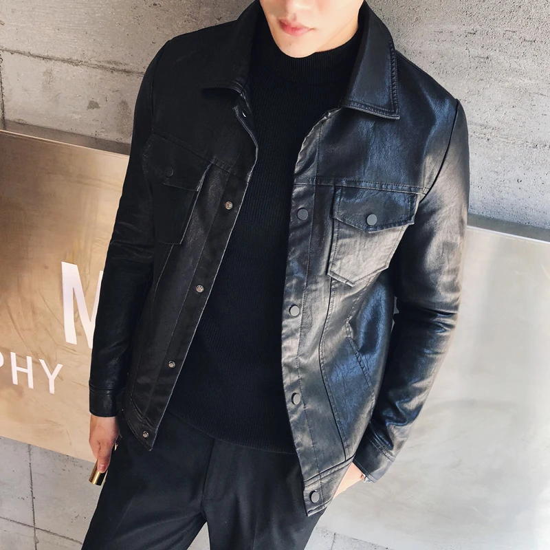 Осень зима 2018 новинка британский тренд Мужская мотоциклетная кожаная куртка с