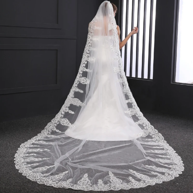 Свадебная вуаль 3 м белые слоновая кость Длинные Кружевные края длиной до собора