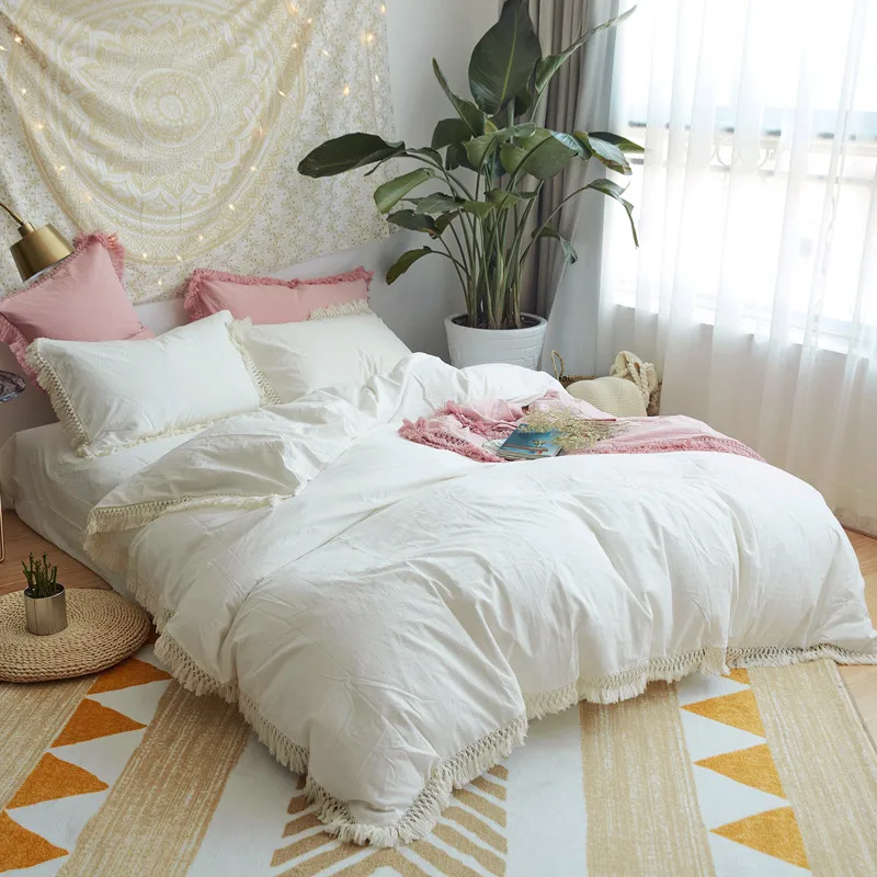 

100% хлопок, мягкий комплект постельного белья для девочек, белый, розовый, серый, комплекты постельного белья для взрослых, королева, двойной, Королевский размер, пододеяльник, простыня, комплект