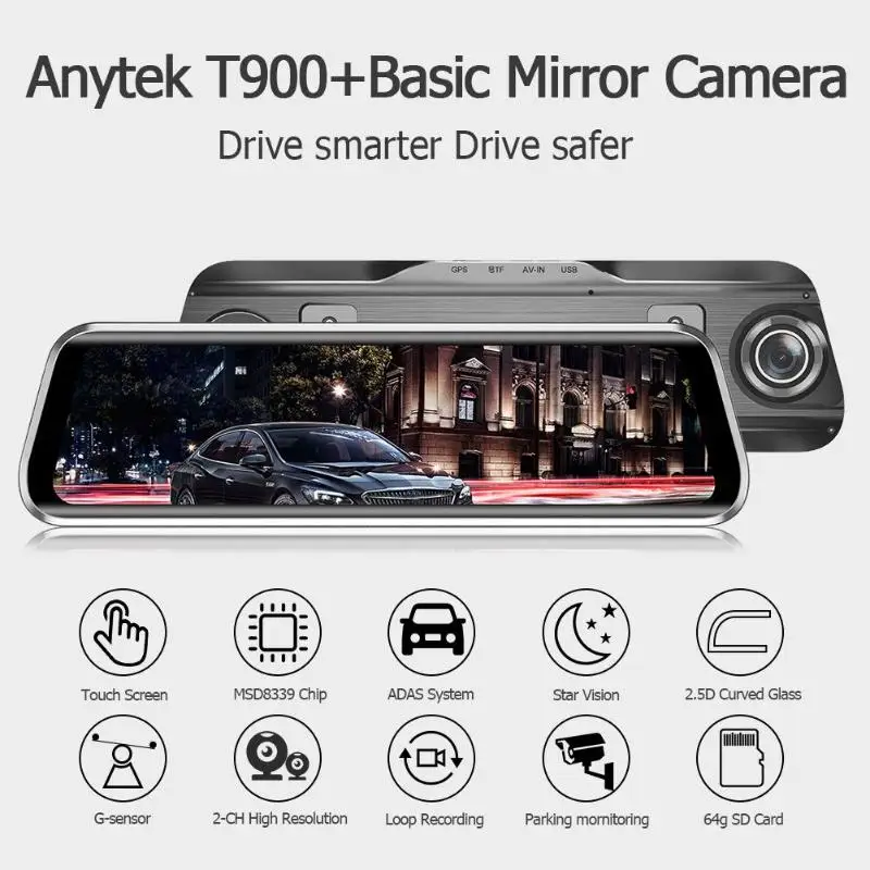 Anytek T900+ 9,66 дюймов Сенсорное зеркало заднего вида автомобиля dvr камера 1080p+ 1080p ADAS WDR камера для приборной панели вождения рекордер полный экран сенсорный