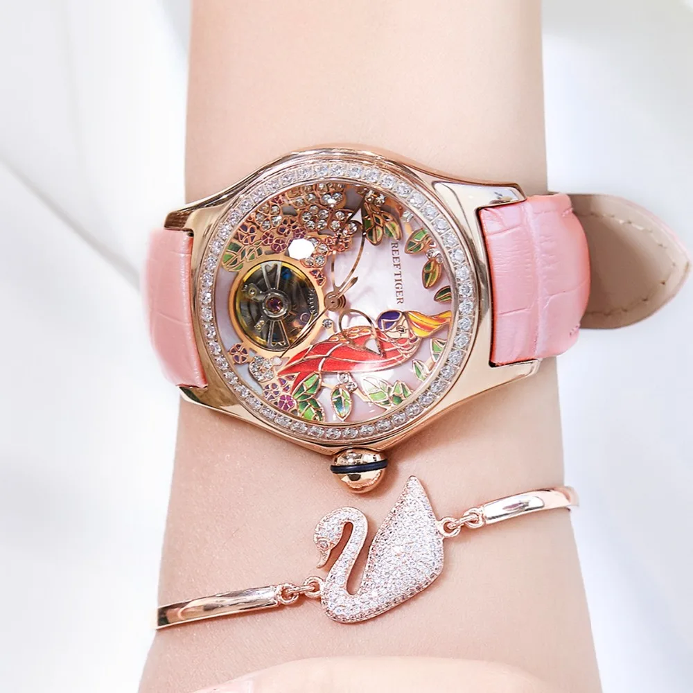 Reef Tiger/RT Womens Luxury Fashion Watches Diamond Automatic Tourbillon Watch Leather Strap Watch Relogio Feminino RGA7105 enlarge