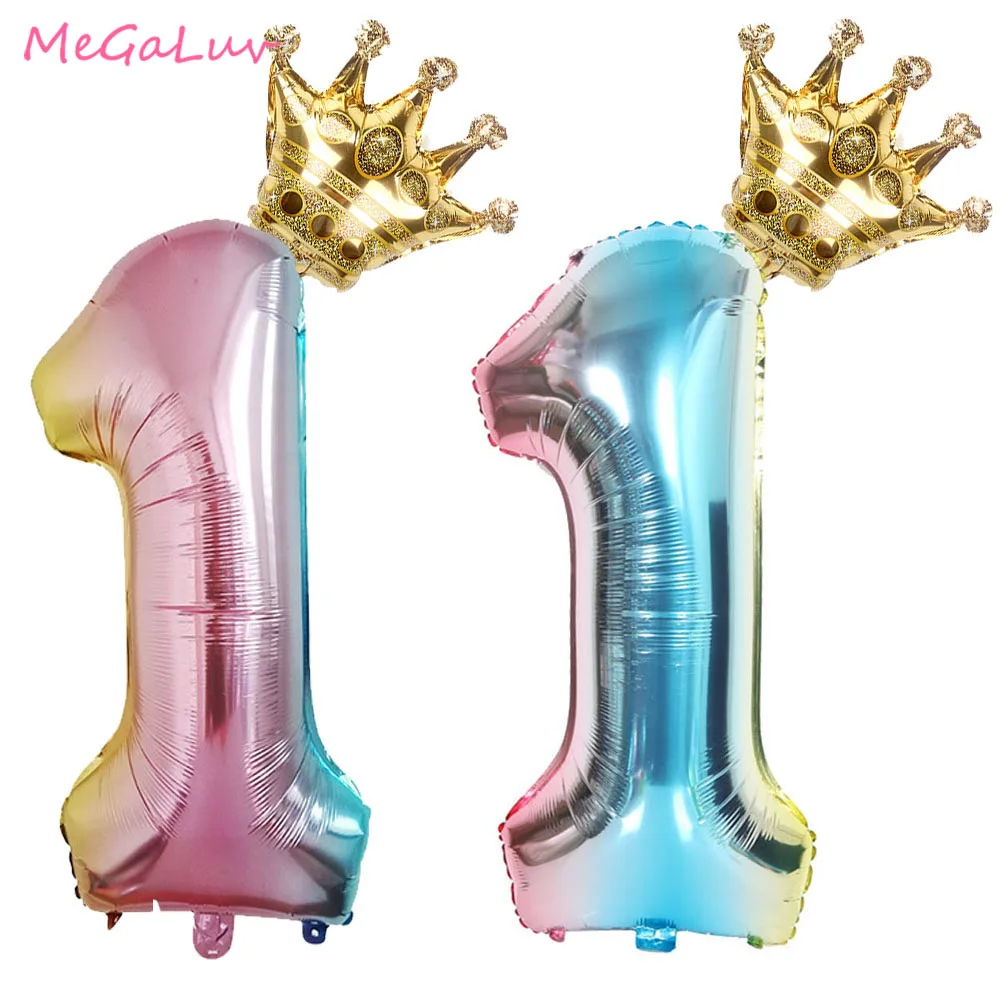 2 шт. 32 дюйма радужные шары с цифрами золотыми коронами баллоны для дня рождения
