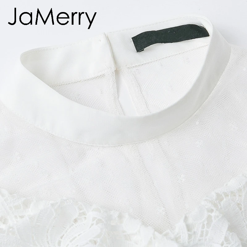JaMerry Vintage ruffled white lace mesh embroidery blouse shirt Elegant hollow out long sleeve female tops Sexy party tops