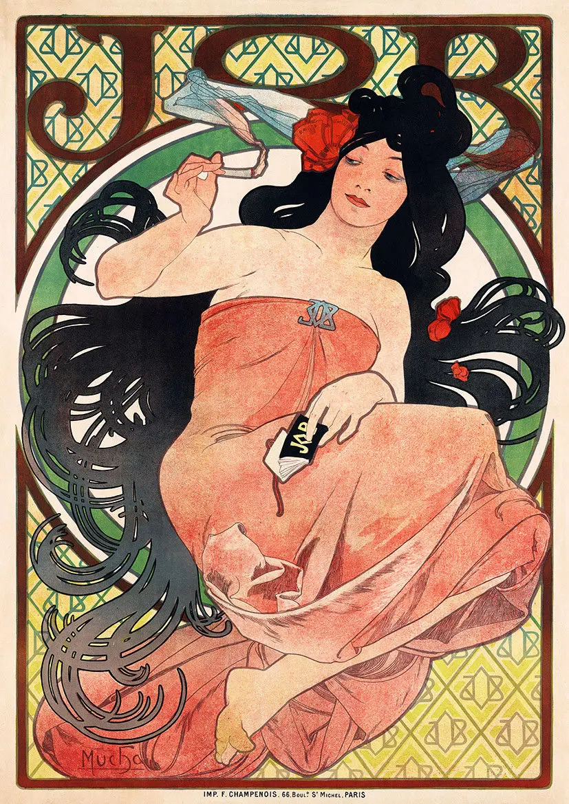 Art Nouveau работа сигареты Rolling Papers от Alfonse Mucha Шелковый плакат декоративной живописи