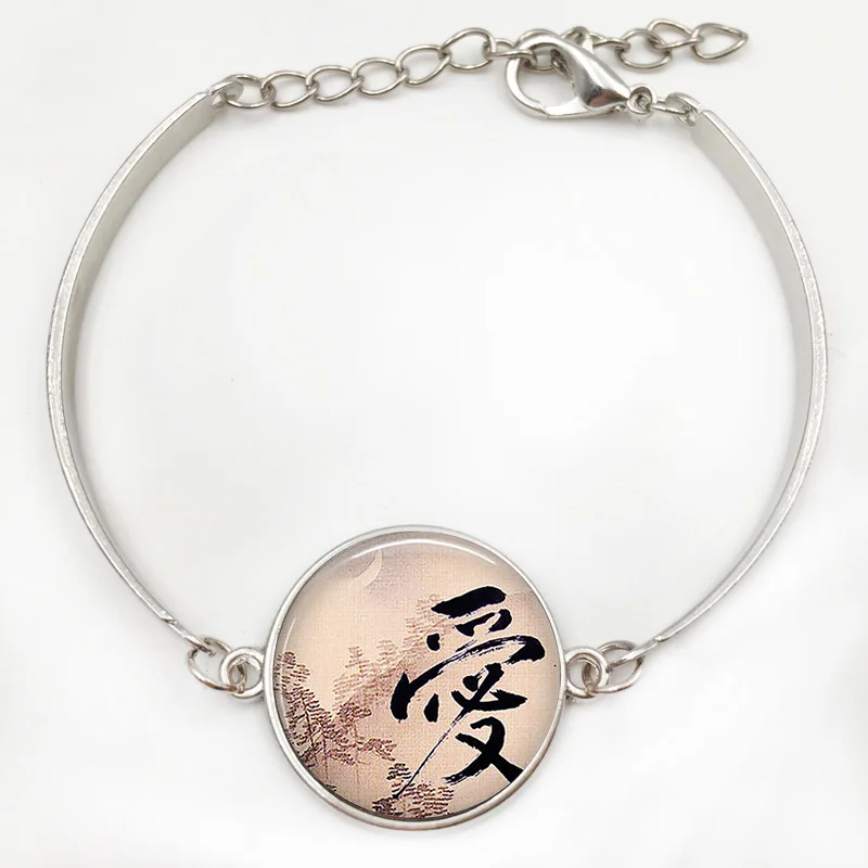 Японский Кулон Love Kanji винтажный стеклянный кабошон цепочка ожерелье