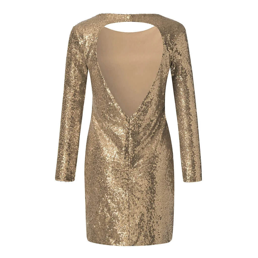 Женское блестящее мини платье с блестками и длинным рукавом вечернее Клубное