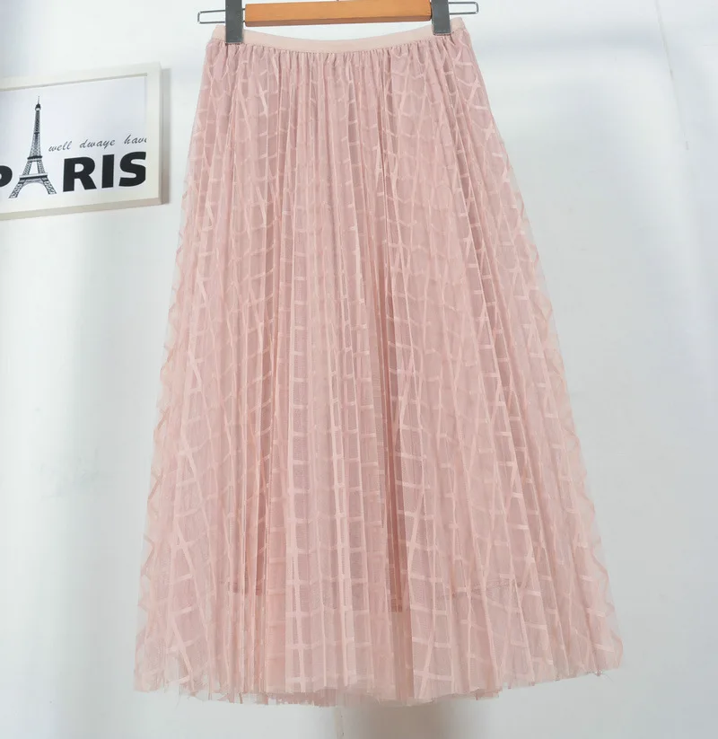 Pink Plaid Женская плиссированная юбка с высокой талией, свободные длинные блестящие юбки из тюля в горошек - Цвет: Pink Plaid