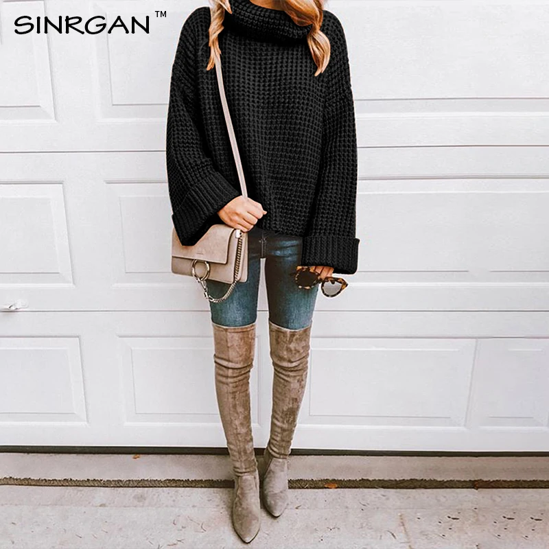 SINRGAN Loose long sleeve knitting turtleneck women pullover jumper oversized winter clothes solid casual streetwear coat | Женская