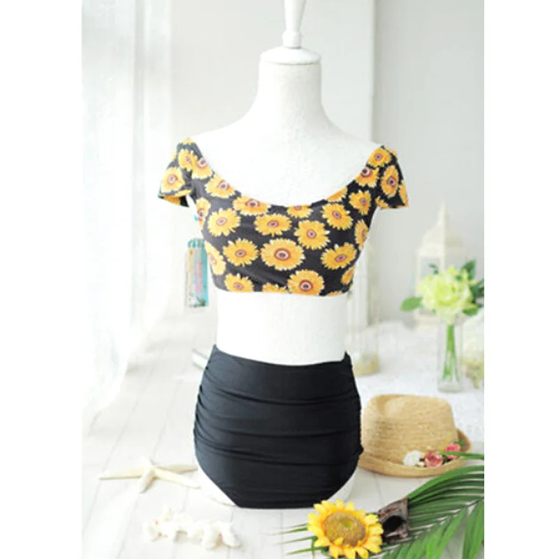 Новинка 2015 женский купальник с принтом подсолнуха пуш-ап высокая талия бикини