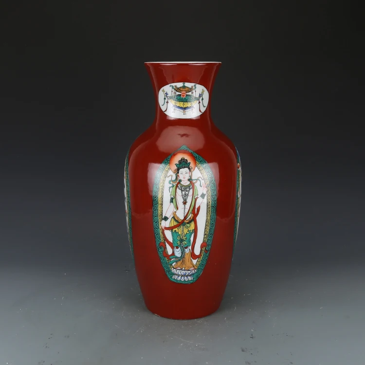 

Антикварная фарфоровая ваза QingDynaty, красная цветная бутылка Гуаньинь Будды, ручная роспись, украшения для дома и коллекции