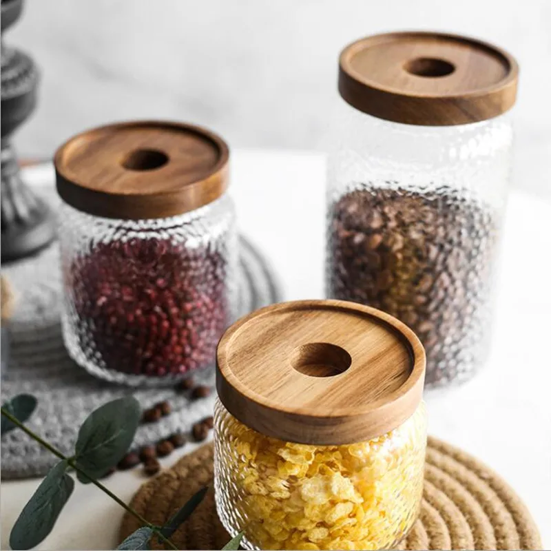

Three Sizes Glass Storage Tank With Wood Cover Spices Sugar Jar Container Kitchen Food Bottle Coffee Beans Tea Caddy 1pc-A